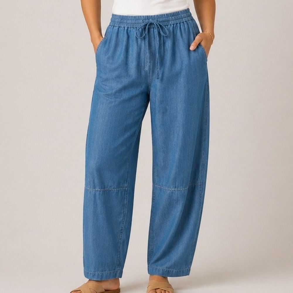 Whistles Lucy Chambray Barrel Trouser Tapered Pants Trip‎ Cotton Blue 12 US NWT